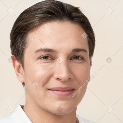 Joyful white young-adult female with short  brown hair and brown eyes