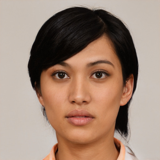 Neutral asian young-adult female with medium  black hair and brown eyes