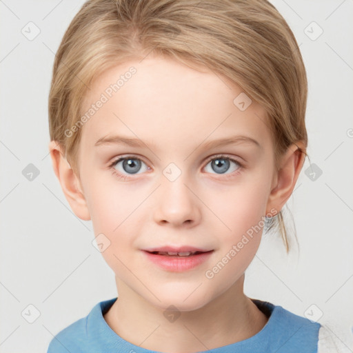 Joyful white child female with short  brown hair and grey eyes