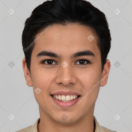 Joyful latino young-adult male with short  brown hair and brown eyes