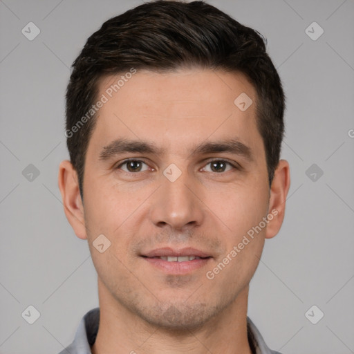 Joyful white young-adult male with short  brown hair and brown eyes