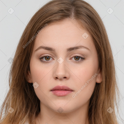 Neutral white young-adult female with long  brown hair and brown eyes