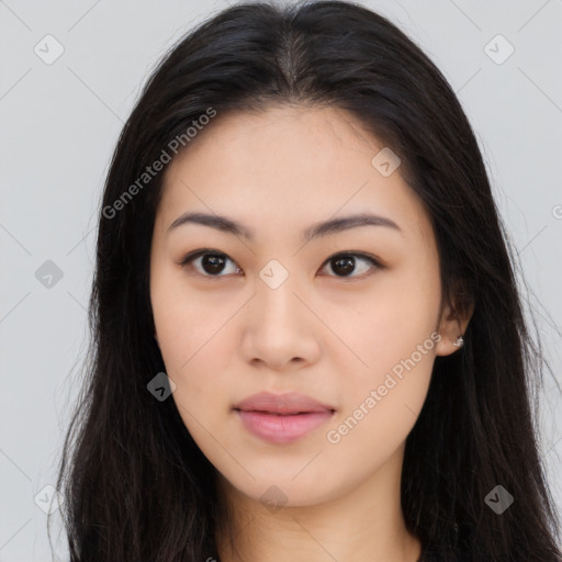 Neutral asian young-adult female with long  black hair and brown eyes