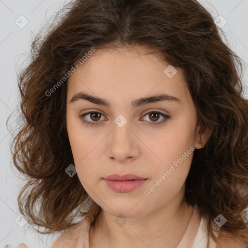 Neutral white young-adult female with long  brown hair and brown eyes