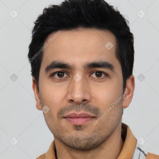 Neutral asian young-adult male with short  black hair and brown eyes