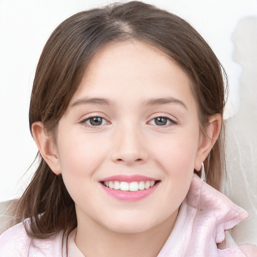 Joyful white child female with medium  brown hair and grey eyes