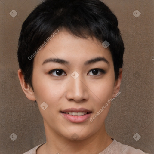 Joyful asian young-adult female with short  brown hair and brown eyes