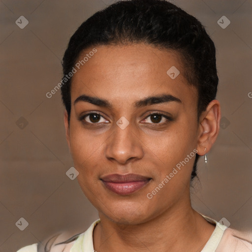 Joyful latino young-adult female with short  brown hair and brown eyes