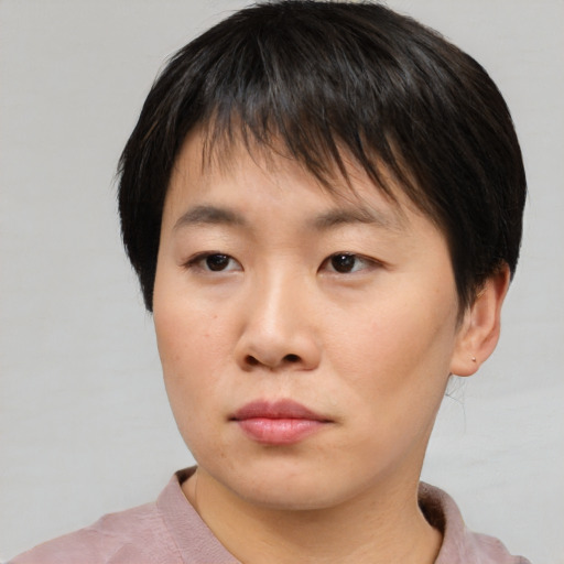 Neutral asian young-adult male with short  brown hair and brown eyes