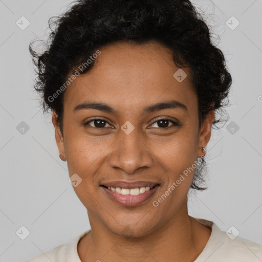 Joyful latino young-adult female with short  brown hair and brown eyes