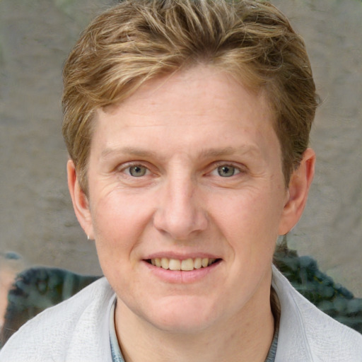 Joyful white adult female with short  brown hair and grey eyes