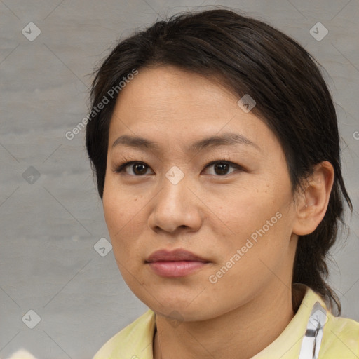 Neutral white young-adult female with medium  brown hair and brown eyes