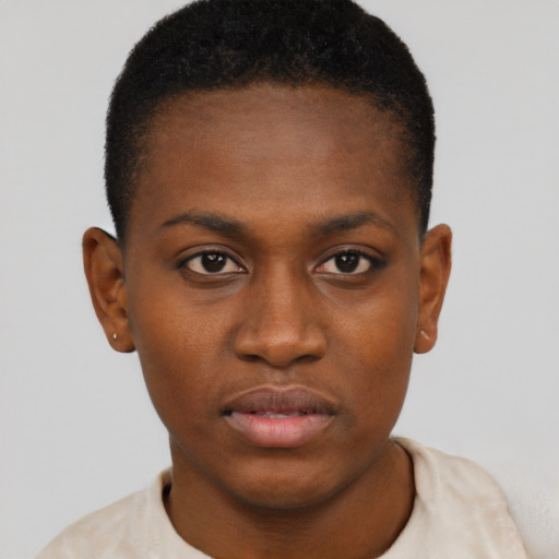 Neutral black young-adult female with short  brown hair and brown eyes