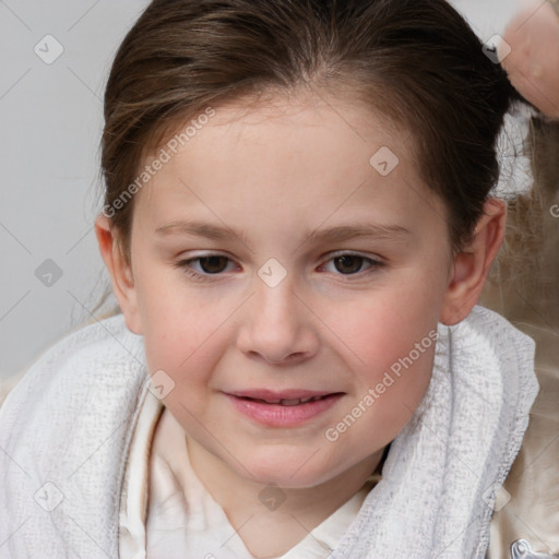 Joyful white child female with medium  brown hair and blue eyes