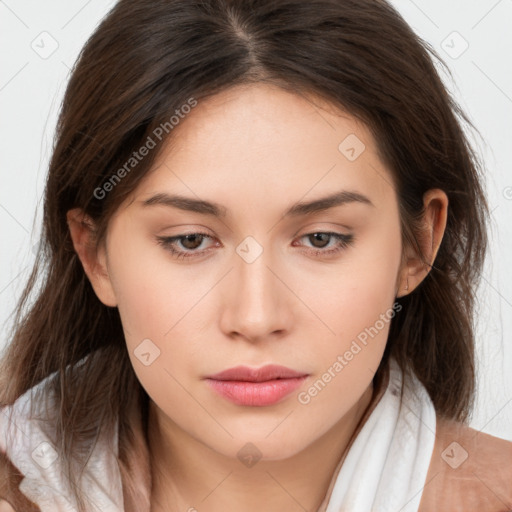 Neutral white young-adult female with long  brown hair and brown eyes