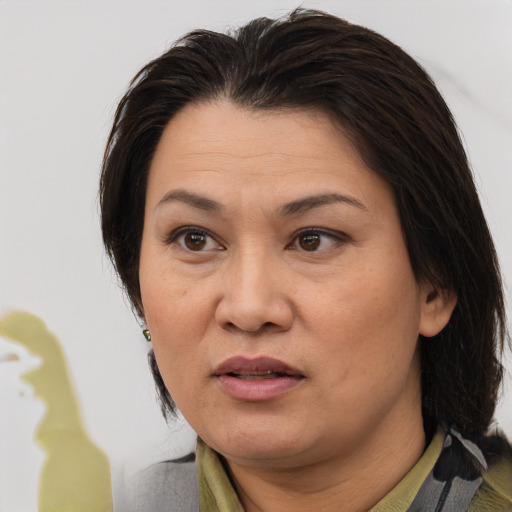 Joyful asian adult female with medium  brown hair and brown eyes