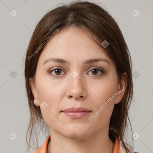 Neutral white young-adult female with medium  brown hair and brown eyes