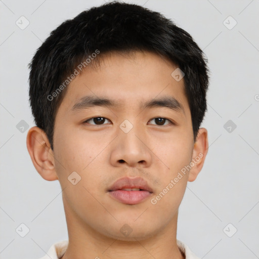 Neutral asian young-adult male with short  brown hair and brown eyes