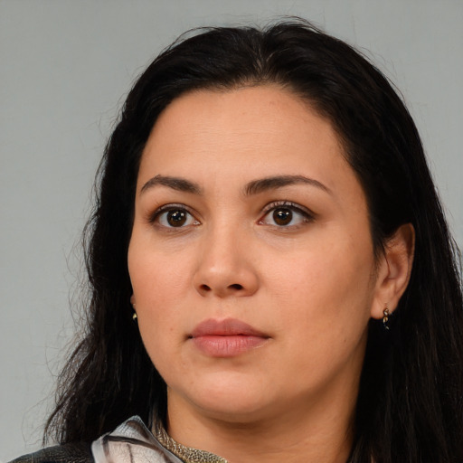 Neutral asian young-adult female with medium  black hair and brown eyes
