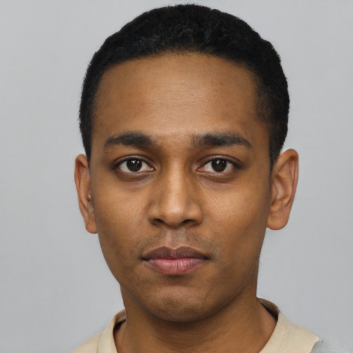 Neutral black young-adult male with short  black hair and brown eyes