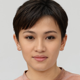 Joyful asian young-adult female with short  brown hair and brown eyes