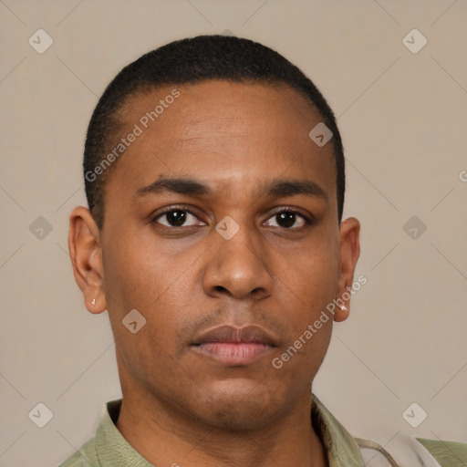 Neutral latino young-adult male with short  brown hair and brown eyes