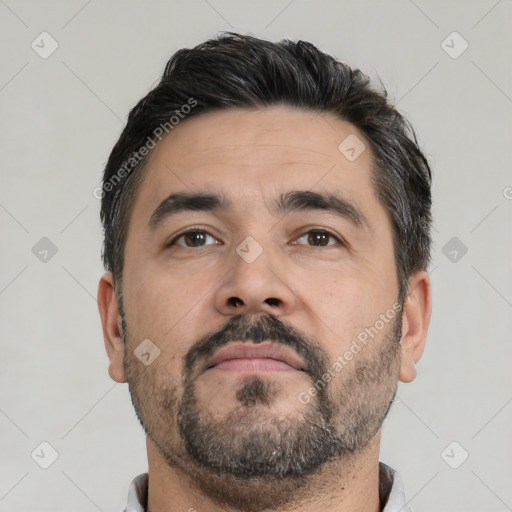 Neutral white adult male with short  black hair and brown eyes