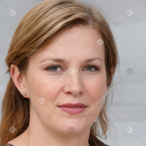 Joyful white young-adult female with medium  brown hair and blue eyes