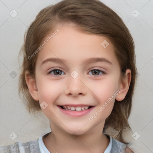 Joyful white child female with medium  brown hair and brown eyes