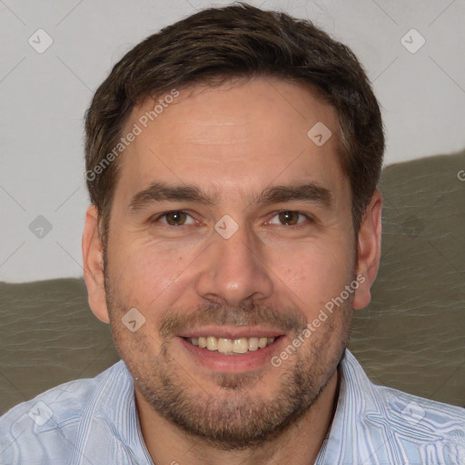 Joyful white adult male with short  brown hair and brown eyes