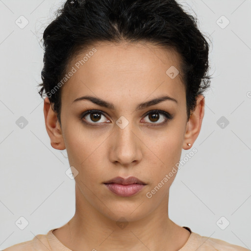 Neutral latino young-adult female with short  brown hair and brown eyes