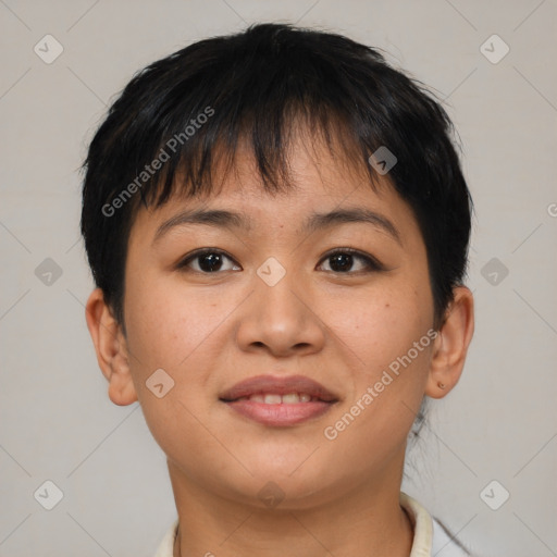 Joyful asian young-adult female with short  brown hair and brown eyes