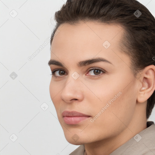 Neutral white young-adult female with short  brown hair and brown eyes