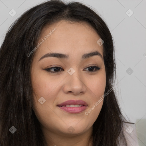 Joyful asian young-adult female with long  brown hair and brown eyes