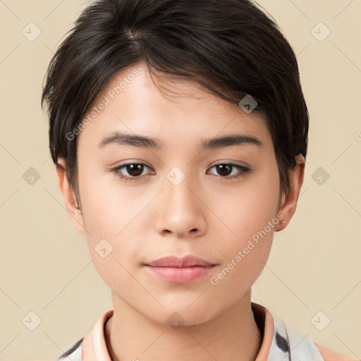 Neutral white young-adult female with medium  brown hair and brown eyes