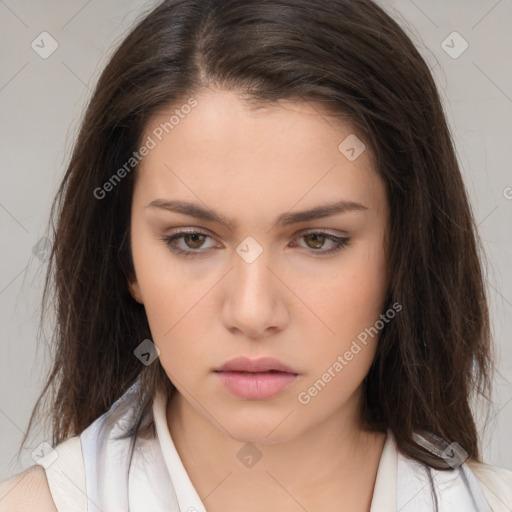 Neutral white young-adult female with medium  brown hair and brown eyes