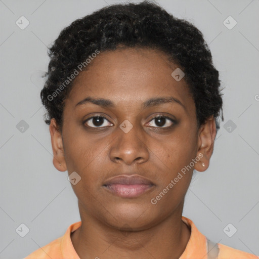 Neutral latino young-adult female with short  brown hair and brown eyes