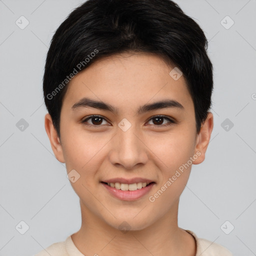 Joyful asian young-adult female with short  brown hair and brown eyes