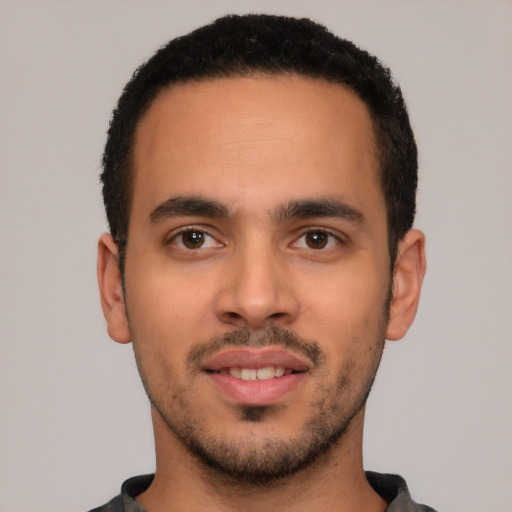 Neutral white young-adult male with short  black hair and brown eyes