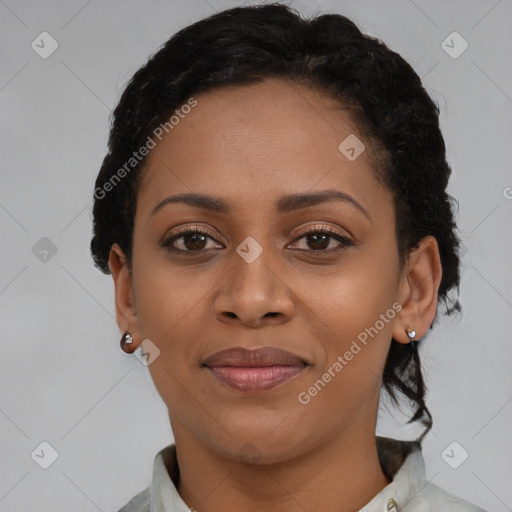 Joyful latino young-adult female with short  black hair and brown eyes