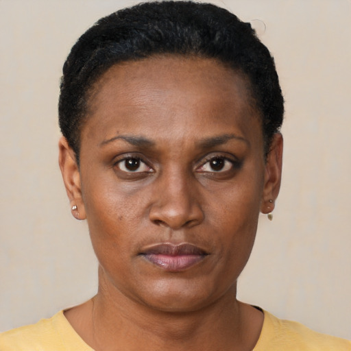Neutral black young-adult female with short  black hair and brown eyes