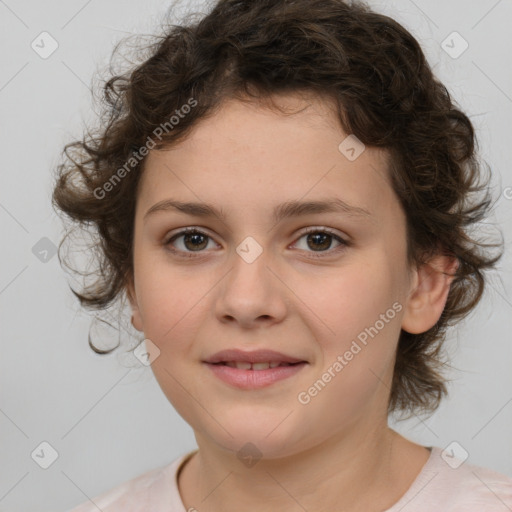 Joyful white child female with medium  brown hair and brown eyes