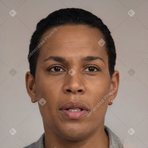 Neutral black young-adult male with short  black hair and brown eyes