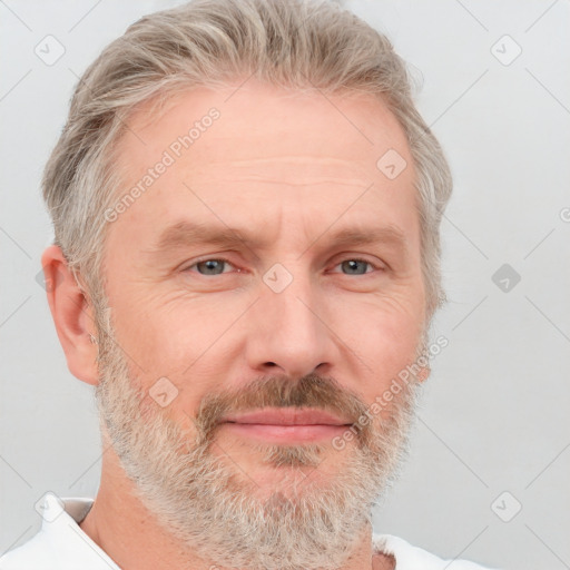 Neutral white middle-aged male with short  brown hair and grey eyes