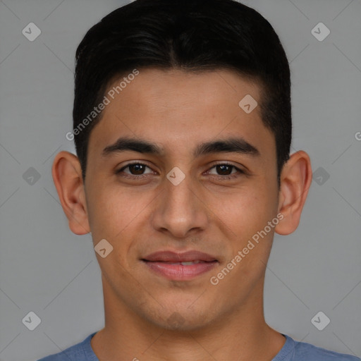 Joyful latino young-adult male with short  brown hair and brown eyes