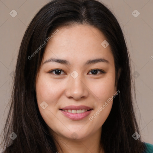 Joyful white young-adult female with long  brown hair and brown eyes