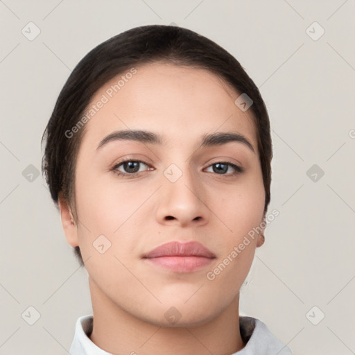 Neutral white young-adult female with short  brown hair and brown eyes