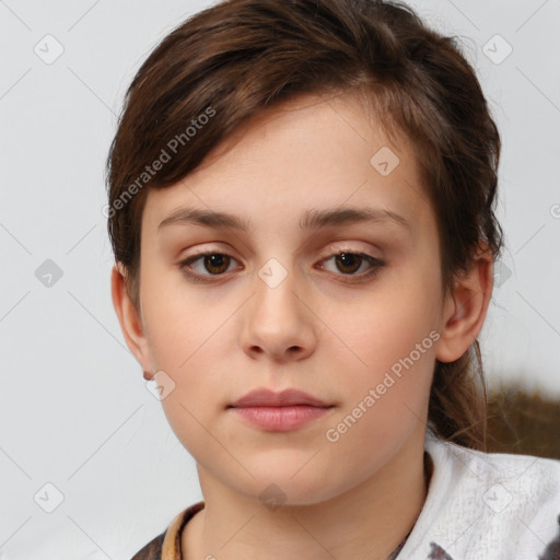 Neutral white young-adult female with short  brown hair and brown eyes