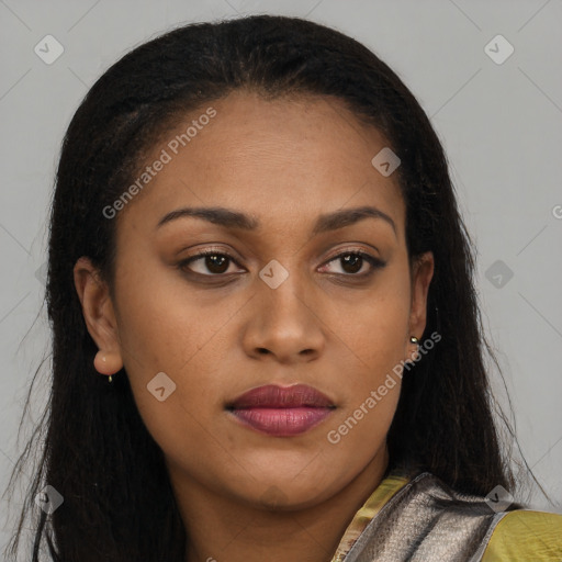 Joyful latino young-adult female with long  brown hair and brown eyes