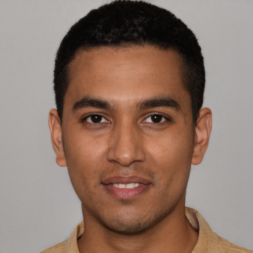 Neutral latino young-adult male with short  brown hair and brown eyes